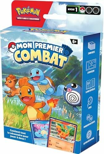 Boîte de jeu de cartes Pokémon avec des personnages.
