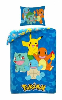 Design coloré de la parure de lit Pokémon avec Pikachu, Salamèche, Carapuce et Bulbizarre.