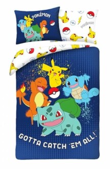 Draps de lit Pokémon avec Pikachu, Bulbizarre, Salamèche et Carapuce.