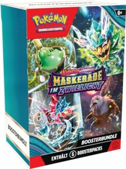 Boîte de booster Pokémon avec illustrations colorées.