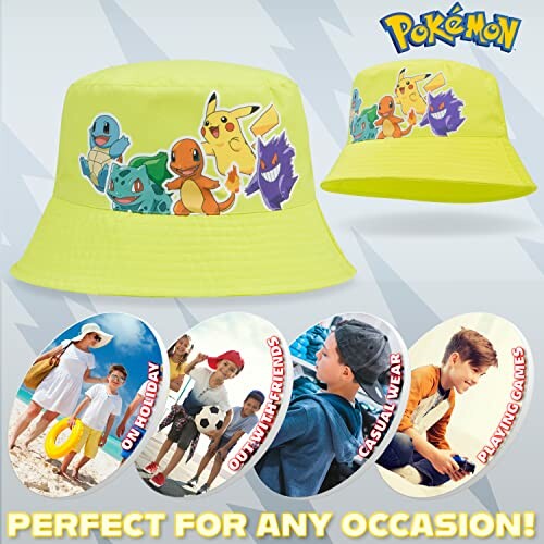 Chapeau jaune avec des personnages Pokémon, idéal pour diverses occasions.