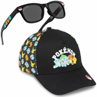 Casquette et lunettes de soleil Pokémon avec personnages colorés.