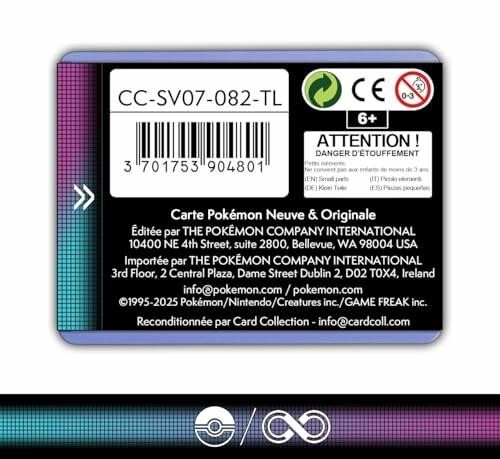 Dos d'une carte Pokémon avec avertissements et détails