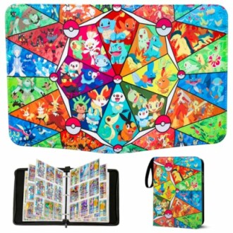 Classeur de cartes Pokémon avec motifs colorés.