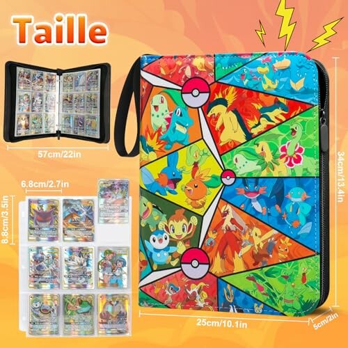 Classeur coloré pour cartes Pokémon avec personnages.