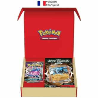 Boîte de jeu de cartes Pokémon ouverte avec des cartes visibles.