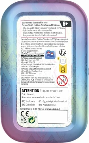 Dos d'une boîte mini Pokémon avec avertissements de sécurité.