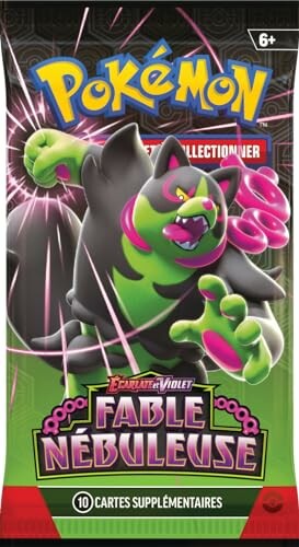 Paquet de cartes Pokémon Fable Nébuléuse avec un personnage félin vert et rose.