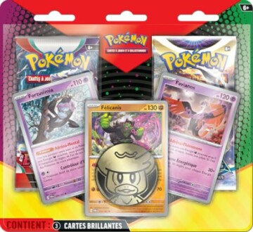Pack de cartes Pokémon avec trois cartes brillantes.