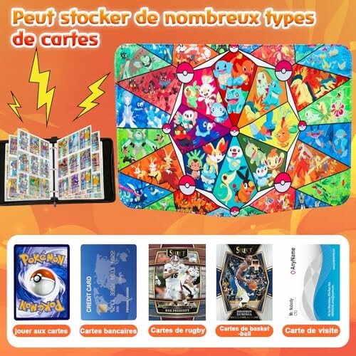 Boîte de rangement pour cartes Pokémon avec divers types de cartes.