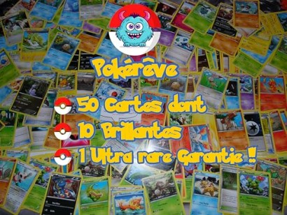 Collection de cartes Pokémon avec texte coloré et logo.