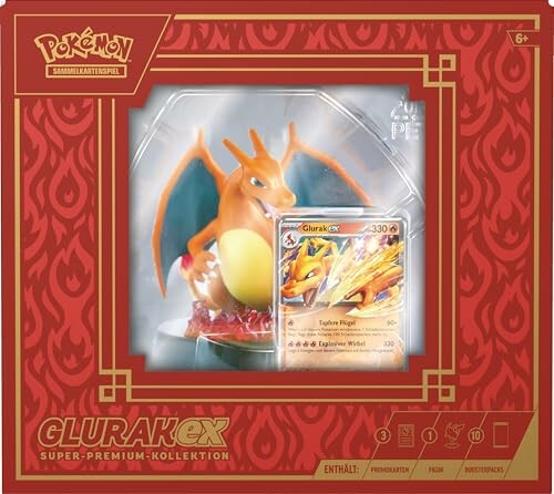 Figurine et carte Pokémon Glurak EX dans une boîte rouge.