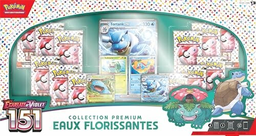 Boîte de collection Pokémon Eaux Florissantes avec cartes et illustrations.