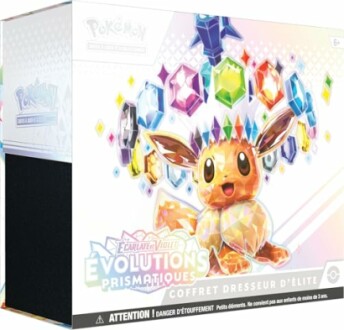 Boîte de coffret dresseur Pokémon avec Évoli et cristaux colorés.