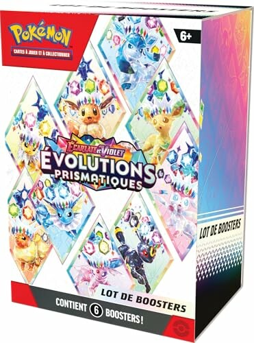 Boîte de boosters Pokémon Évolutions Prismatiques avec illustrations colorées.