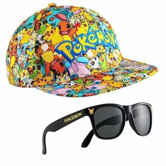 Casquette et lunettes de soleil Pokémon colorées.