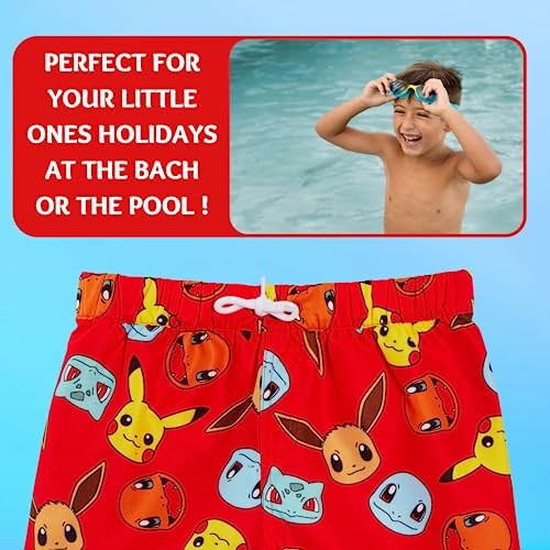 Shorts de bain rouges pour enfants avec motifs Pokémon.