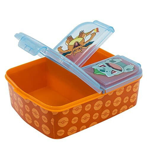 Boîte à déjeuner Pokémon orange avec couvercle bleu.