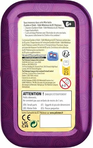 Arrière d'une mini-boîte Pokémon avec avertissements et informations de produit.