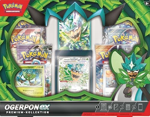 Collection premium Pokémon Ogrepon ex avec cartes et figurine.