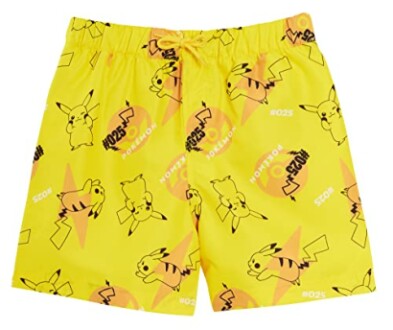Shorts jaunes avec motif de Pikachu et logo Pokémon.