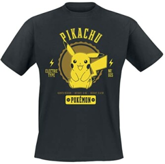 T-shirt noir avec Pikachu et texte jaune