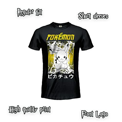 T-shirt noir Pokémon avec Pikachu et texte japonais.