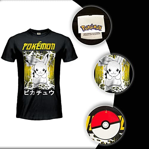 T-shirt noir Pokémon avec Pikachu et texte japonais.