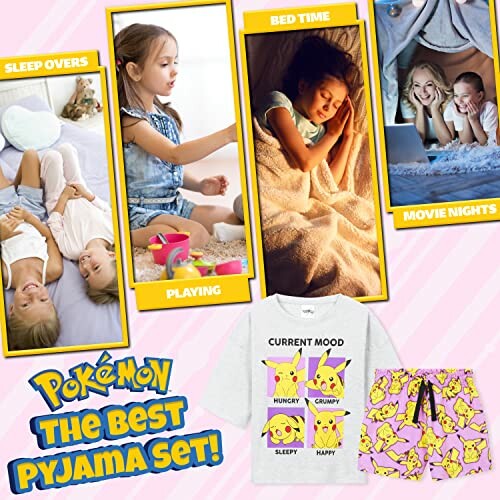 Enfants portant des pyjamas Pokémon, activités et moments de détente.