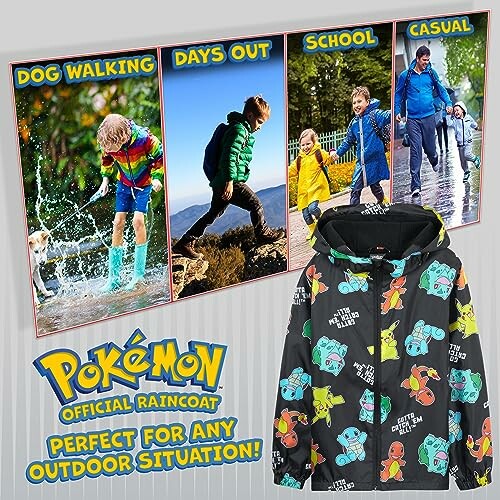 Manteau de pluie Pokémon pour enfants avec designs colorés.