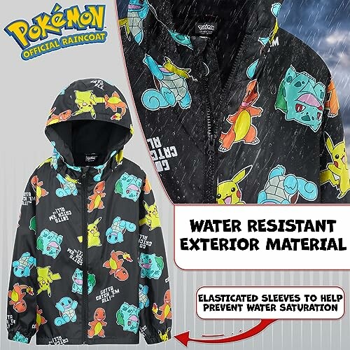 Imperméable Pokémon avec personnages et texte sur la résistance à l'eau.