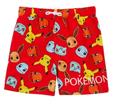 Shorts de bain rouges avec motifs de Pokémon.