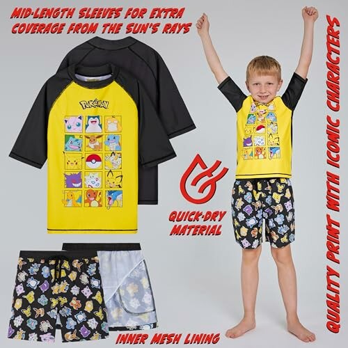 Ensemble de maillots de bain Pokémon pour enfants avec des personnages emblématiques.