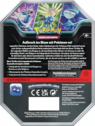 Boîte en métal du jeu de cartes Pokémon avec illustrations.