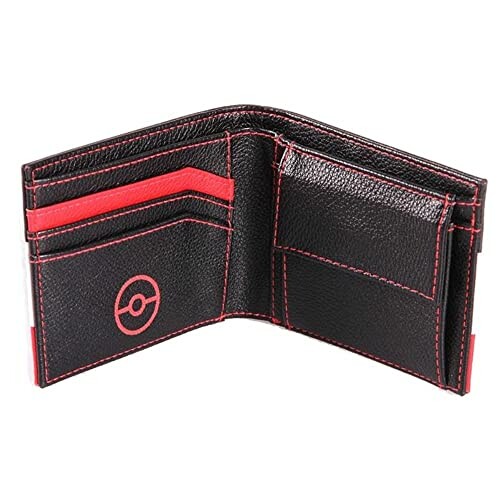 Portefeuille noir avec thème Pokémon et coutures rouges.