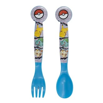 Ensemble de fourchette et cuillère à thème Pokémon avec Pikachu et autres personnages.