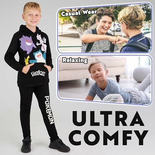 Enfant portant des vêtements Pokémon, montrant des moments de détente et de loisirs.