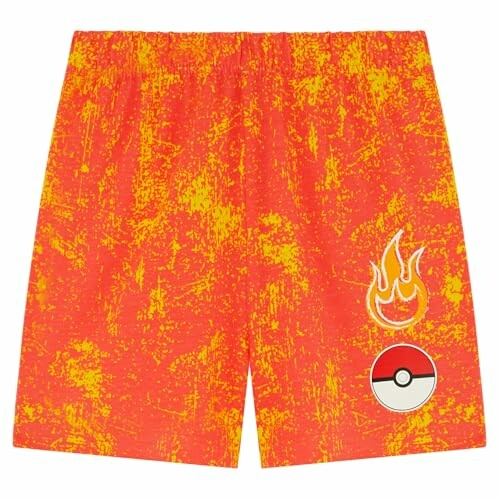Shorts rouges avec motif de flamme et symbole Pokémon