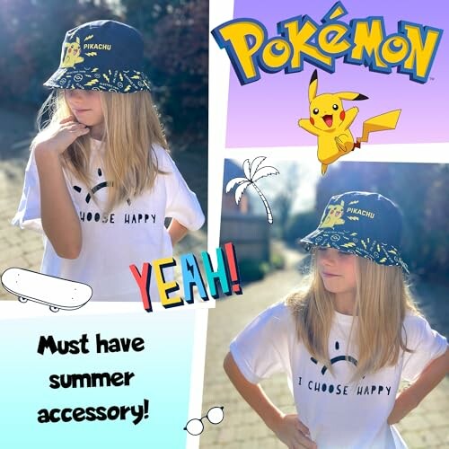 Fille portant un chapeau Pikachu et un t-shirt 'I Choose Happy'.