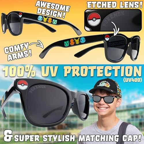 Lunettes de soleil Pokémon avec casquette assortie.