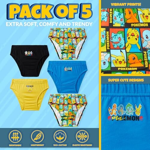 Cinq sous-vêtements Pokémon colorés pour enfants avec des motifs variés.