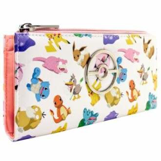 Portefeuille avec des motifs de Pokémon colorés.