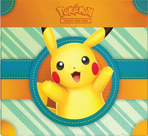 Pikachu joyeux sur une boîte de jeu de cartes Pokémon.