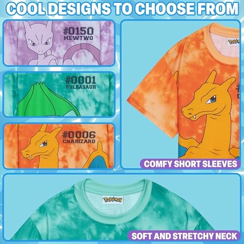 T-shirts Pokémon avec designs de Mewtwo, Bulbizarre et Dracaufeu