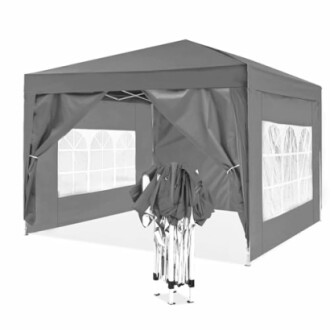 Tente pliante grise avec fenêtres transparentes.