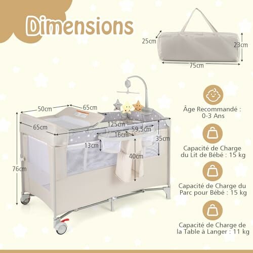 Dimensions d'un lit de bébé portable avec détails.