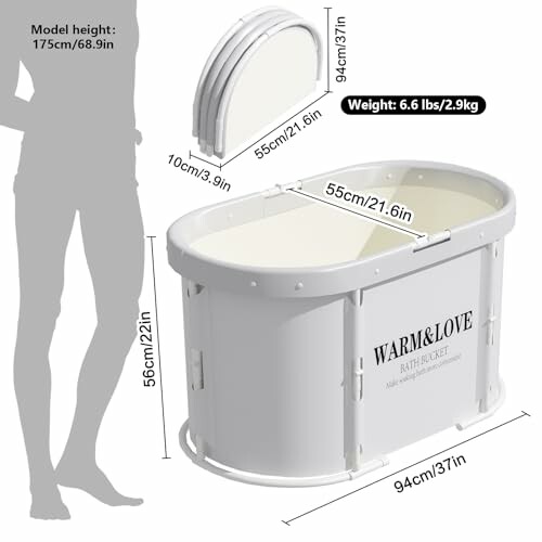 Seau de bain portable avec dimensions et poids affichés