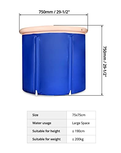 Baignoire portable bleue avec dimensions et spécifications.