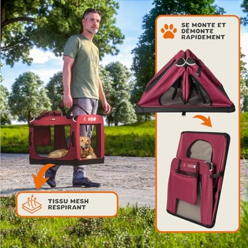 Homme portant un sac de transport pour chien pliable.