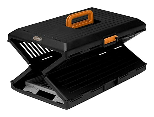 Grill pliant portable noir avec poignée orange.